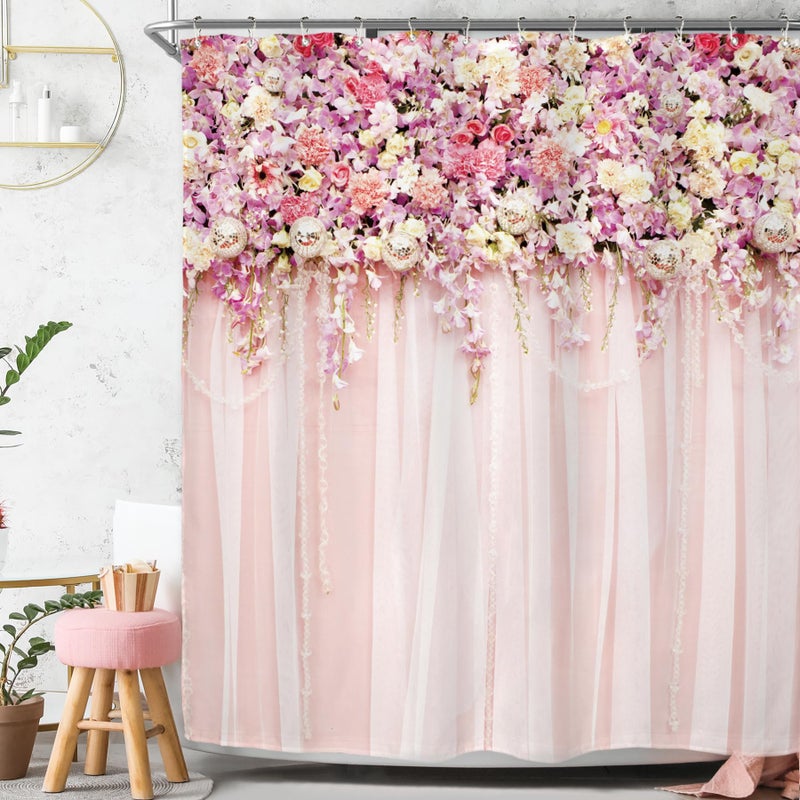 Riyidecor Pink Bridal Floral Shower Curtain for Bathroom 72Wx72H Inch Flower Rose Pattern Bath Set for Woman Girl Spring Nature Bathtub Accessories Fabric Panel Waterproof Plastic 12 Pack Hooks
