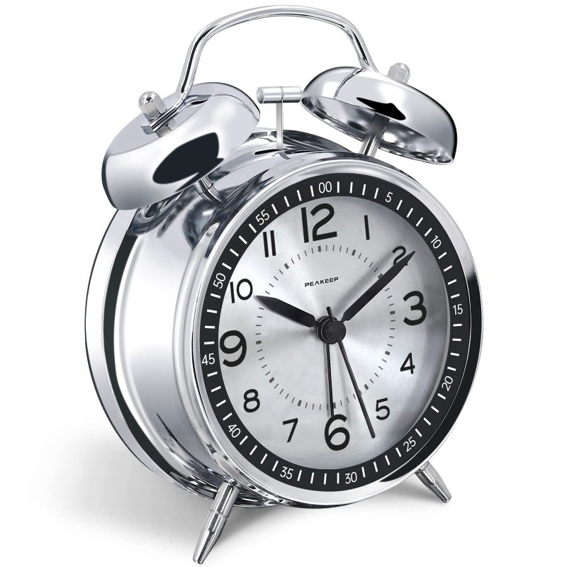 Peakeep Loud Alarm Clock for Heavy Sleepers Adults Metal 45 Twin Bell Battery Operated Alarm Clocks for Bedrooms Decoration Metal Silver