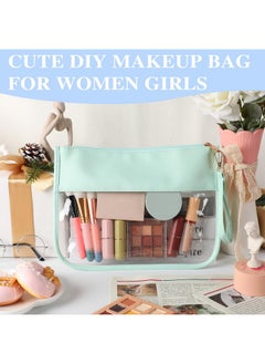 Irenare 16 Pcs Clear Makeup Bag Toiletry Clear Flat Zipper Pouch Preppy Waterproof Clear Cosmetic Pvc Pouch With Wristlet Toiletry Bags Diy Chenille Letter Snack Bag For Women Girls(Blue Series)  - Image 5
