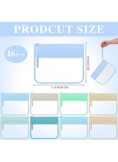 Irenare 16 Pcs Clear Makeup Bag Toiletry Clear Flat Zipper Pouch Preppy Waterproof Clear Cosmetic Pvc Pouch With Wristlet Toiletry Bags Diy Chenille Letter Snack Bag For Women Girls(Blue Series)  - Image 2