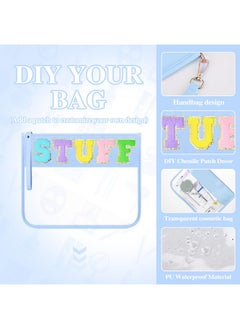 Irenare 16 Pcs Clear Makeup Bag Toiletry Clear Flat Zipper Pouch Preppy Waterproof Clear Cosmetic Pvc Pouch With Wristlet Toiletry Bags Diy Chenille Letter Snack Bag For Women Girls(Blue Series)  - Image 4