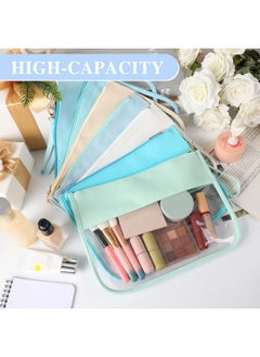 Irenare 16 Pcs Clear Makeup Bag Toiletry Clear Flat Zipper Pouch Preppy Waterproof Clear Cosmetic Pvc Pouch With Wristlet Toiletry Bags Diy Chenille Letter Snack Bag For Women Girls(Blue Series)  - Image 3