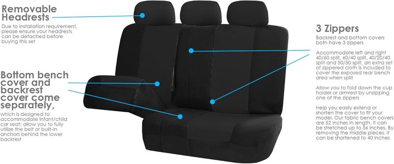 FH Group FB051BLACK013 Black Universal Split Bench Seat Cover (Allow Right and left 40/60 Split, 50/50 Split Fit Most of Vehicle) - Image 5