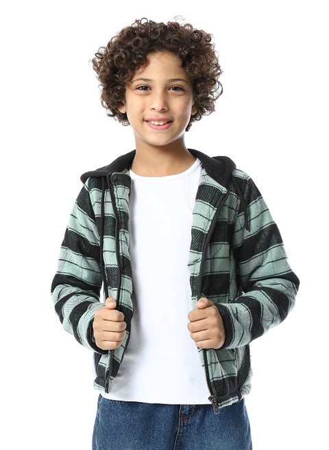 Plaid Padded Hooded Boys Jacket _ Black & Mint Green