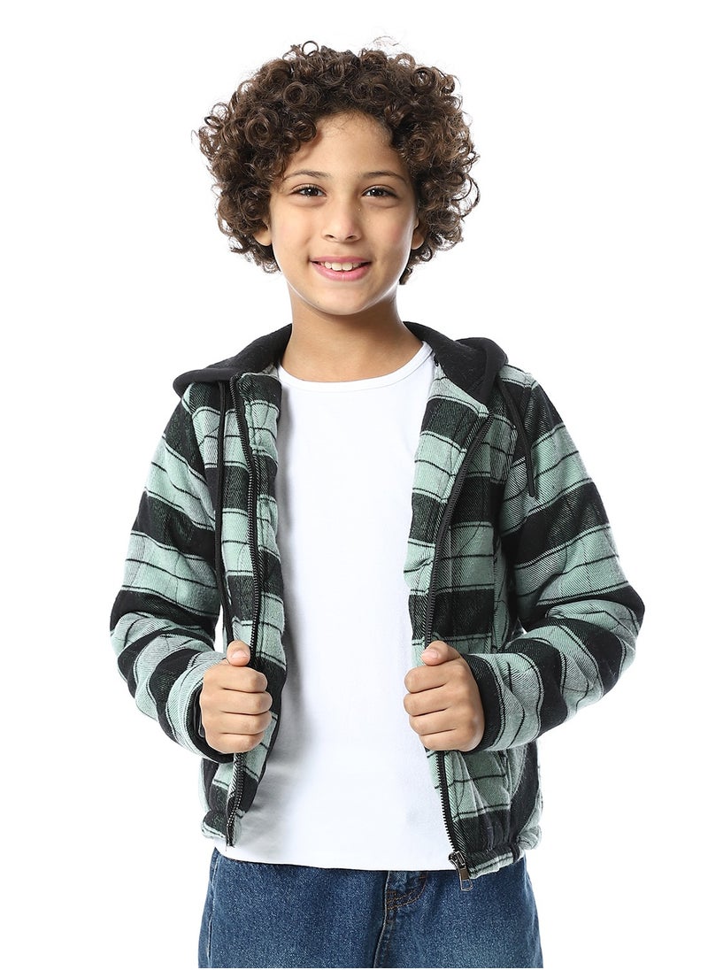 Andora Plaid Padded Hooded Boys Jacket _ Black & Mint Green  - Image 1