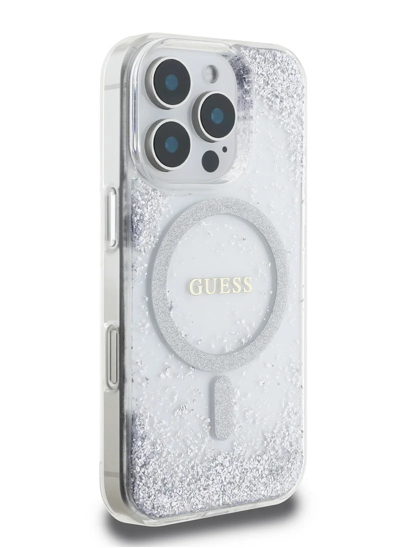 GUESS Magsafe IML Hard Case with Marble Design for iPhone 16 Pro / Drop protection / Slim Profile / Comfortable Grip-Silver