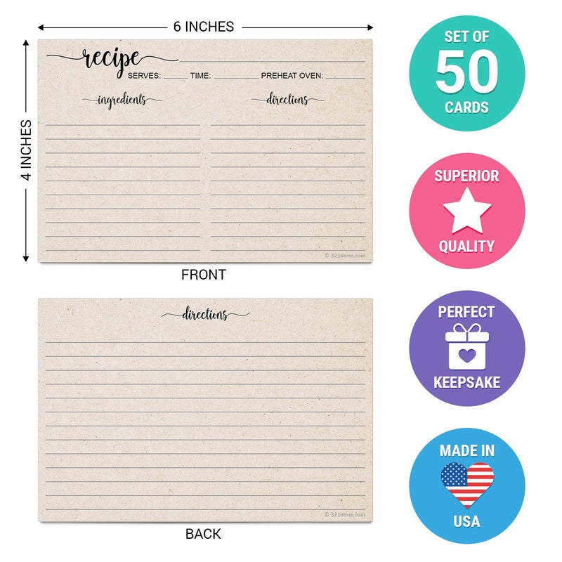 321Done Recipe Cards, Made in USA - 4x6 Tan, Simple Script, Double-Sided Thick Cardstock, Cute Vintage Rustic Kraft Look for Bridal Shower Wedding Housewarming Gift - Pack of 50 - Image 2