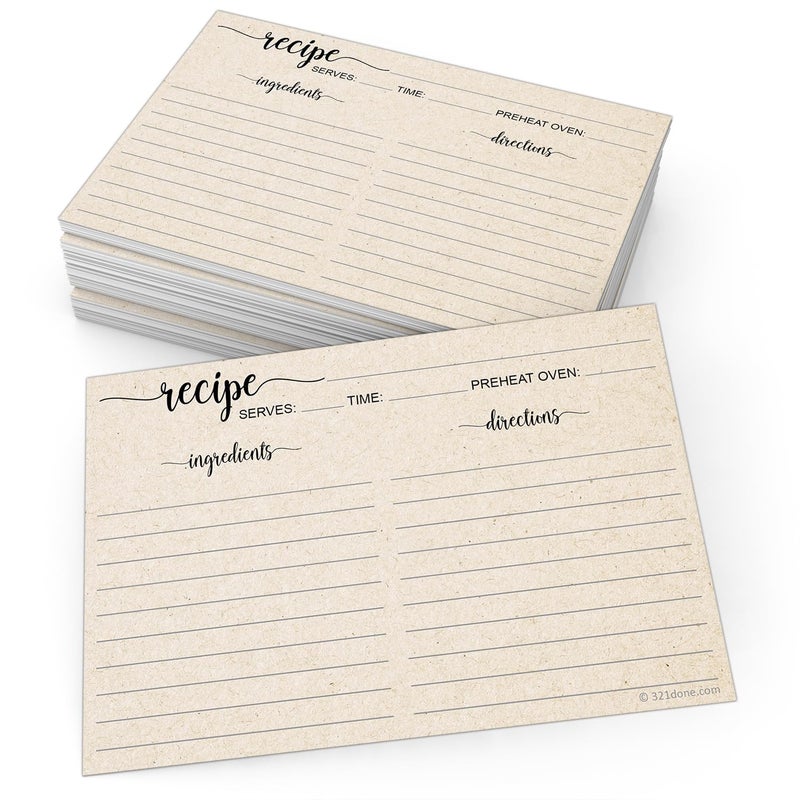 321Done Recipe Cards, Made in USA - 4x6 Tan, Simple Script, Double-Sided Thick Cardstock, Cute Vintage Rustic Kraft Look for Bridal Shower Wedding Housewarming Gift - Pack of 50 - Image 1