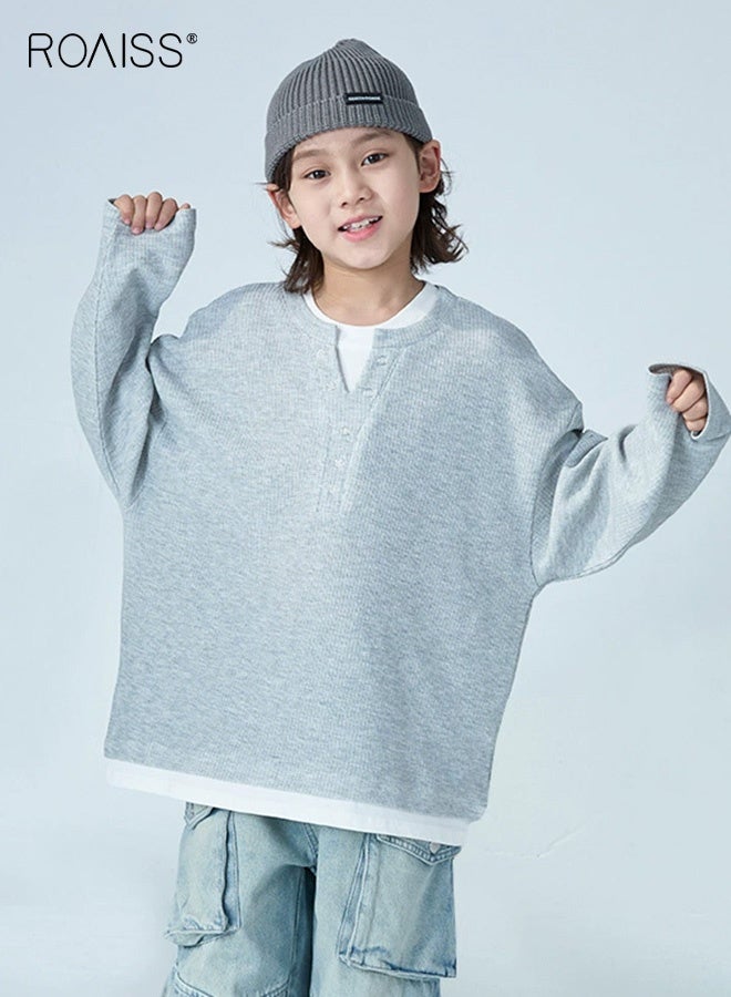 رويس تي شيرت صلب للأولاد بتصميم قطعتين مزيفتين، تي شيرت كاجوال بأكمام طويلة ورقبة مستديرة، قميص كلاسيكي بسيط للأولاد، مناسب للارتداء اليومي والمدرسة والأنشطة الخارجية - Image 1