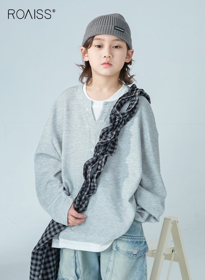 رويس تي شيرت صلب للأولاد بتصميم قطعتين مزيفتين، تي شيرت كاجوال بأكمام طويلة ورقبة مستديرة، قميص كلاسيكي بسيط للأولاد، مناسب للارتداء اليومي والمدرسة والأنشطة الخارجية - Image 3