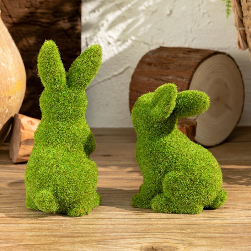 Zensounding 2PCS Easter Rabbit Decoration Green Moss Plush Rabbit Artificial Sculpture Green Plush Rabbit Resin Ornament Spring Garden Decoration Easter Gift Easter Decoration (Small 2PCS Standing+Sitting) - Image 4