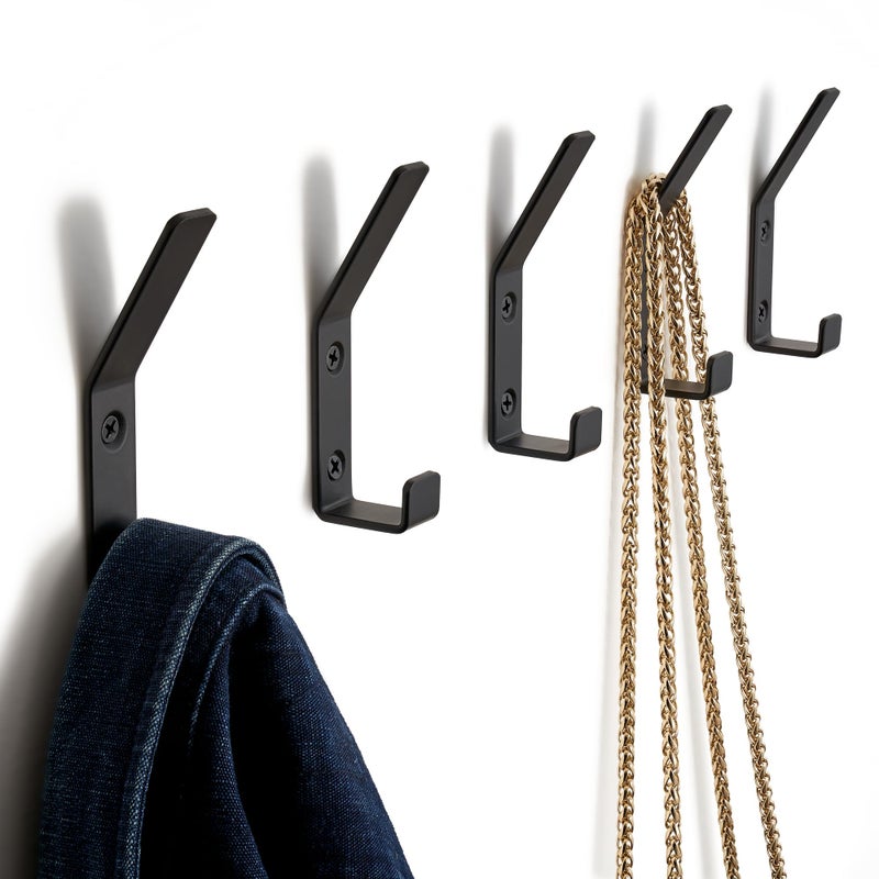 Decorative Coat Hooks For Wall Mount Set of 5 Stylish and Sturdy Black Metal Double Hooks Are Perfect To Hang Your Jackets Towels Or Hats A Modern Addition To Any Farmhouse or Minimal Home Decor