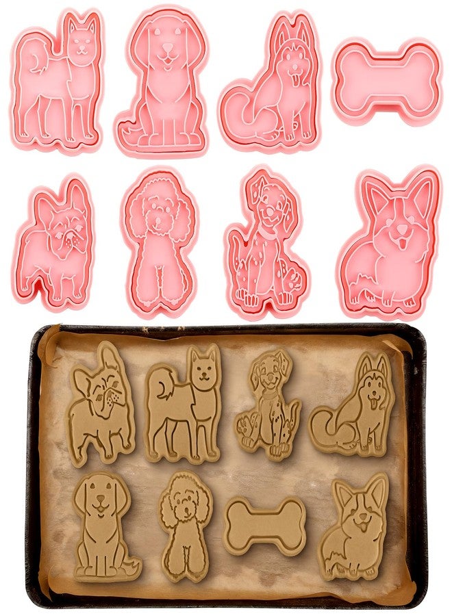 Vesici 8 Pcs Dog Shaped Cookie Stamps Set, 3D Puppy Cookie Stamps Cutters for Christmas Dog Birthday Party Favors Plastic Fondant Stamp Embosser DIY Biscuit Baking Molds(Vivid Style) - Image 1