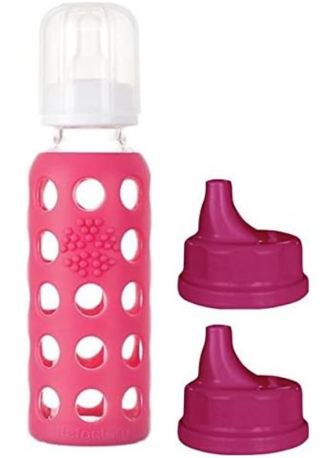 Lifefactory Glass Baby Bottle 9oz and 2 Transitioning Sippy Caps (Raspberry) - Image 1