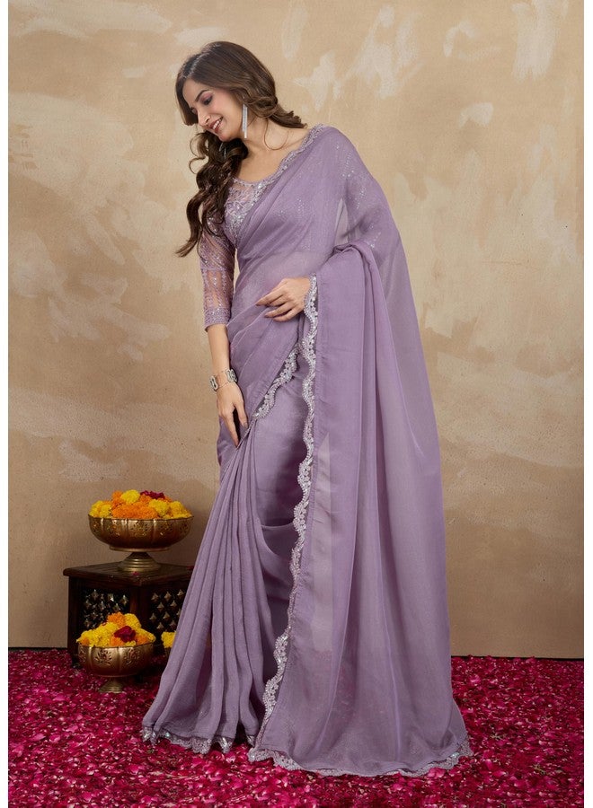 TRENDMALLS ساري من حرير توسر مزين بتطريز تسلسلي للنساء مع قطعة بلوزة غير مخيطة (K1161-بنفسجي) - Image 4