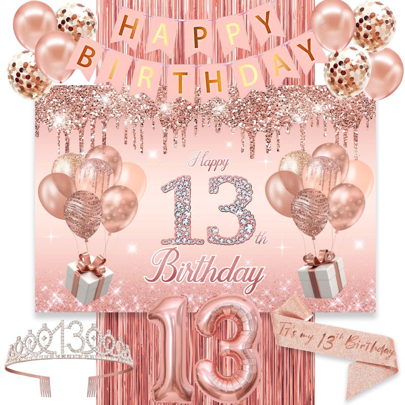 jenlion 13th Birthday Decorations for GirlsBannerBackdrop its my 13th Birthday Sash Sweet Rhinestone Tiara CrownBalloons - Image 3