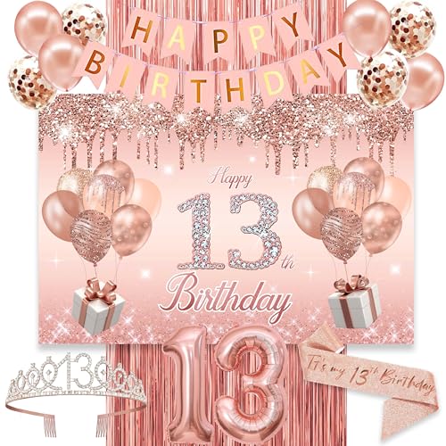 jenlion 13th Birthday Decorations for GirlsBannerBackdrop its my 13th Birthday Sash Sweet Rhinestone Tiara CrownBalloons - Image 1