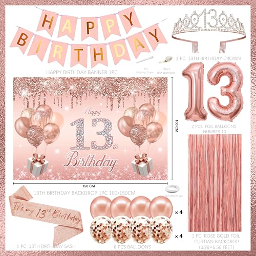 jenlion 13th Birthday Decorations for GirlsBannerBackdrop its my 13th Birthday Sash Sweet Rhinestone Tiara CrownBalloons - Image 5