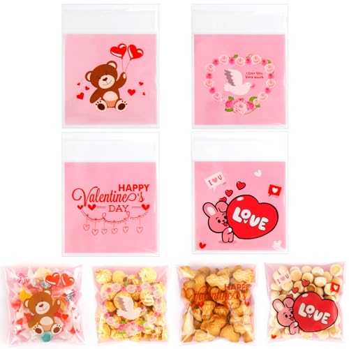 ChicQuench Valentines Treat Bags, 100 PCS Valentiens Cellophane Treat Bags, Valetines Candy Bags, Self Adhesive Plastic Valetine Gift Bags Cookie Bags Goodie Bags for Valentine's Day Holiday Party Favor Supplies - Image 1