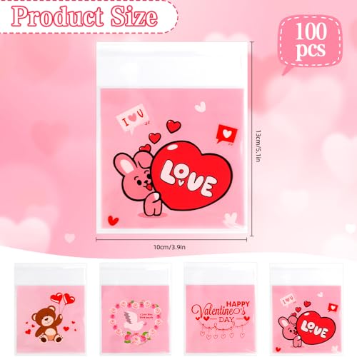 ChicQuench Valentines Treat Bags, 100 PCS Valentiens Cellophane Treat Bags, Valetines Candy Bags, Self Adhesive Plastic Valetine Gift Bags Cookie Bags Goodie Bags for Valentine's Day Holiday Party Favor Supplies - Image 2