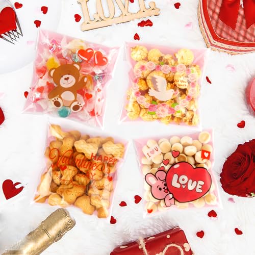 ChicQuench Valentines Treat Bags, 100 PCS Valentiens Cellophane Treat Bags, Valetines Candy Bags, Self Adhesive Plastic Valetine Gift Bags Cookie Bags Goodie Bags for Valentine's Day Holiday Party Favor Supplies - Image 3