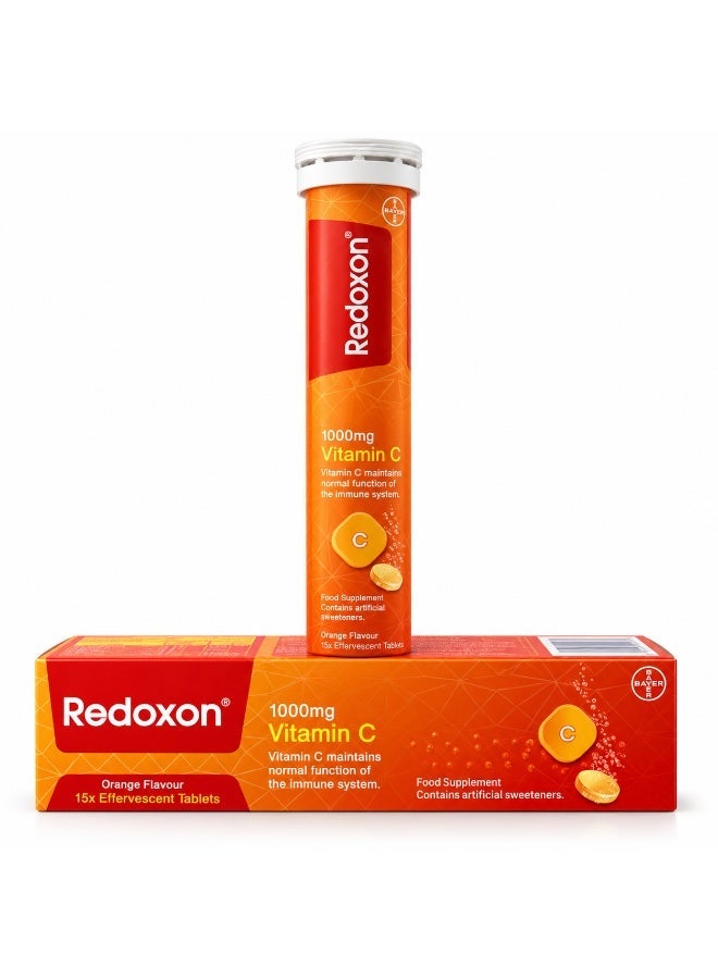 Redoxon Vitamin C 1000mg Orange Flavor Effervescent Tablets | Immune System & Antioxidant Support | Easy-Dissolve Daily Vitamin C Supplement for Adults and Children Above 12 Years | 15 Tablets - Image 1
