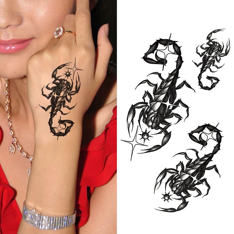 Small Cute Temporary Tattoo Sticker Set of 2 - Halloween Scary Horror 3D Realistic 3Pcs Scorpion Designs for Hand Neck Face Wrist, Waterproof Fake Body Art, Simple Unisex Skin Decals