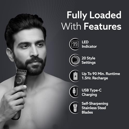 AGARO Beard Trimmer MT2525, Cordless ElectricBeard_Trimmer with Precision Dial, USB Rechargeable, 20 Length Settings Mustache Trimmer for Mens Gifts - Image 2