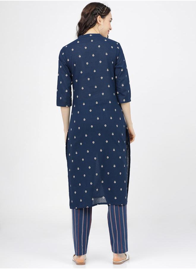 Vishudh Women Blue Printed Cotton Kurta with Palazzos by Styli  - Image 3