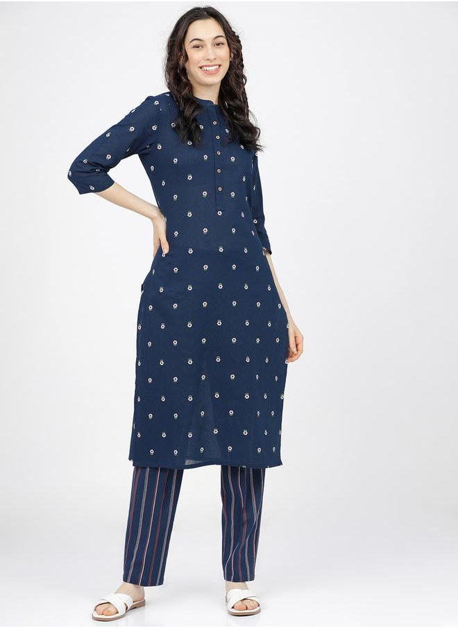 Vishudh Women Blue Printed Cotton Kurta with Palazzos by Styli  - Image 1