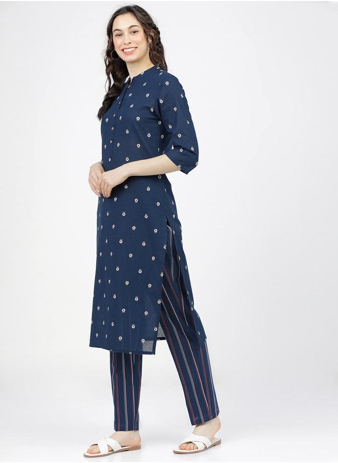 Vishudh Women Blue Printed Cotton Kurta with Palazzos by Styli  - Image 2