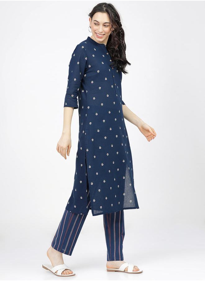 Vishudh Women Blue Printed Cotton Kurta with Palazzos by Styli  - Image 5