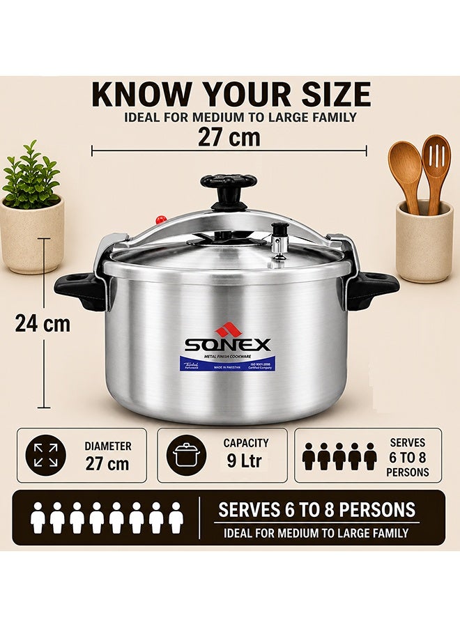 SONEX Classic Aluminium Pressure Cooker 9 Liter (27 cm), Heavy Duty Metal Finish Cooker, Large Family Size, Inner Lid Locking System, Fast & Even Cooking, Ideal for Biryani & Batch Cooking - Image 2