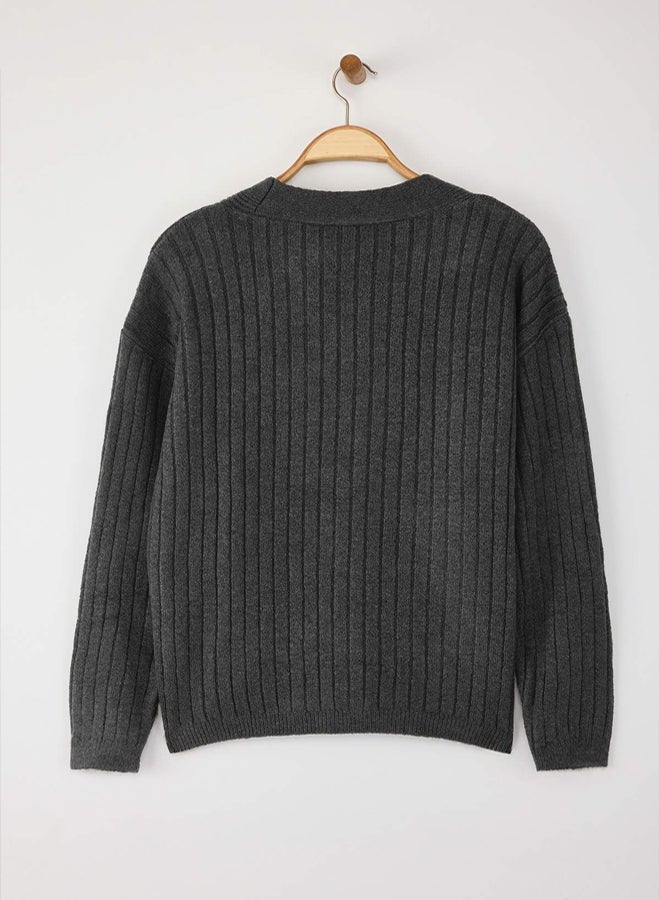 trendyol Wardrobe Essentials Anthracite Soft Textured Basic Wide Fit Knitwear Cardigan | - Image 5