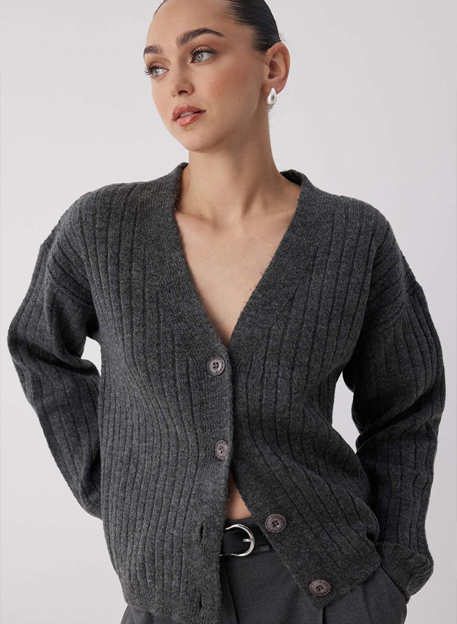 trendyol Wardrobe Essentials Anthracite Soft Textured Basic Wide Fit Knitwear Cardigan | - Image 1