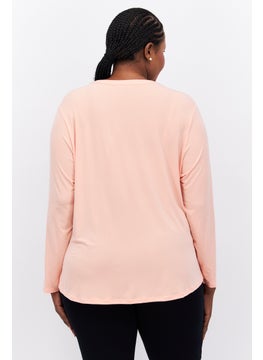 INC Women Plus Size Split Neck Long Sleeve Plain Top, Blush Orange  - Image 3
