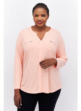 INC Women Plus Size Split Neck Long Sleeve Plain Top, Blush Orange  - Image 1