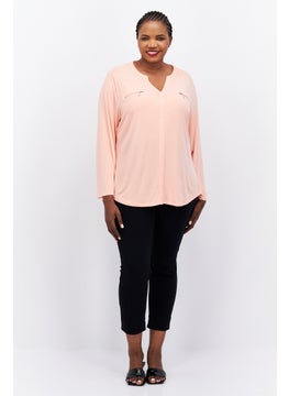 INC Women Plus Size Split Neck Long Sleeve Plain Top, Blush Orange  - Image 4