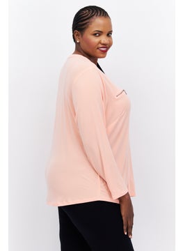 INC Women Plus Size Split Neck Long Sleeve Plain Top, Blush Orange  - Image 2