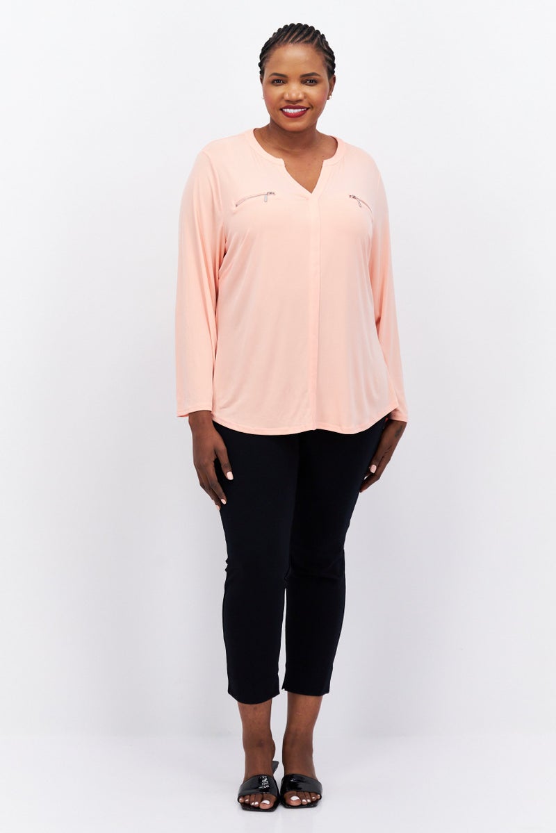 INC Women Plus Size Split Neck Long Sleeve Plain Top, Blush Orange - Image 4