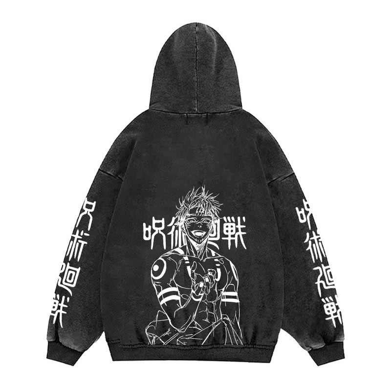 440g Heavy Washed Old Jujutsu Kaisen Printed Street Retro Sweatshirt Street Tide Hat Sweatshirt 7 retro black (back map)