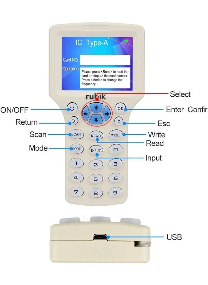 Handheld IC/ID/HID/UID RFID Access Control Card Reader Writer Copier Duplicator for 125Khz 13.56Mhz with Writable 2 Cards, 2 Keychain Tags & USB Cable