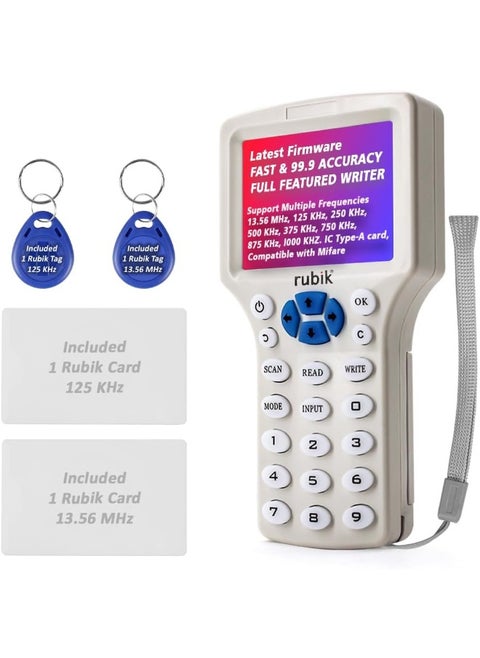 Handheld IC/ID/HID/UID RFID Access Control Card Reader Writer Copier Duplicator for 125Khz 13.56Mhz with Writable 2 Cards, 2 Keychain Tags & USB Cable