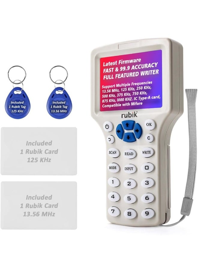 Handheld IC/ID/HID/UID RFID Access Control Card Reader Writer Copier Duplicator for 125Khz 13.56Mhz with Writable 2 Cards, 2 Keychain Tags & USB Cable