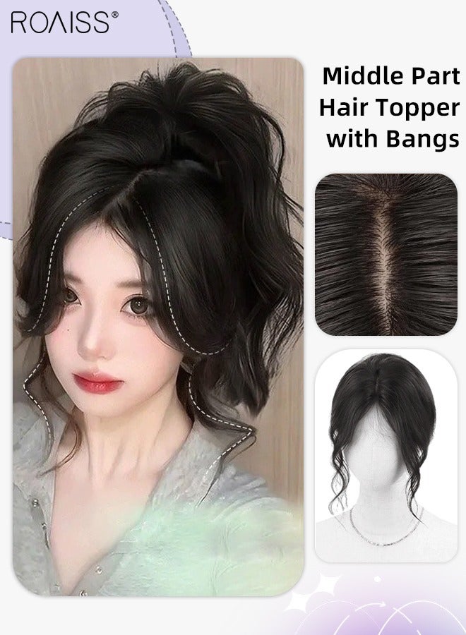 roaiss Invisible Hair Topper with Bangs for Women, Bangs Hair Clip, Silk Inner Net Hair Pieces for Thinning Hair Hair Loss Cover Gray Hair, Brown Black - Image 1