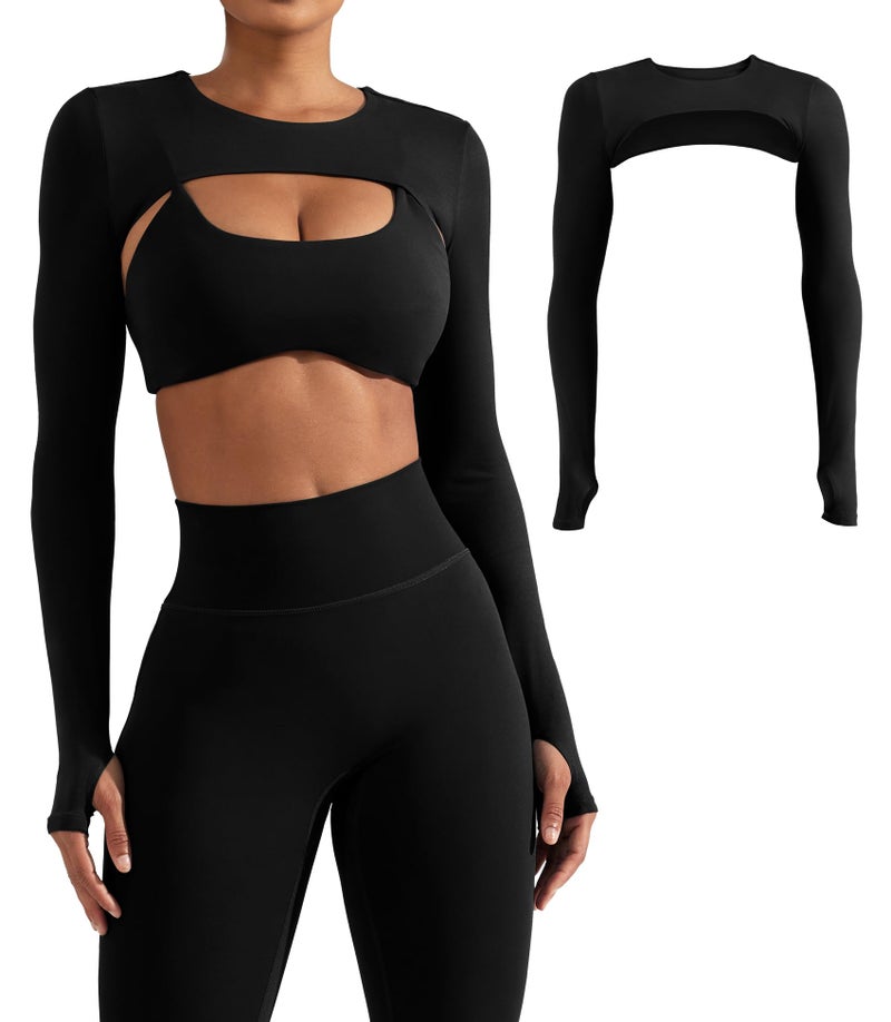 YEOREO Women Crop Top Long Sleeve Bolero Open Front Workout Cropped Shirts Sports Shrug Without Bra Black L - Image 1