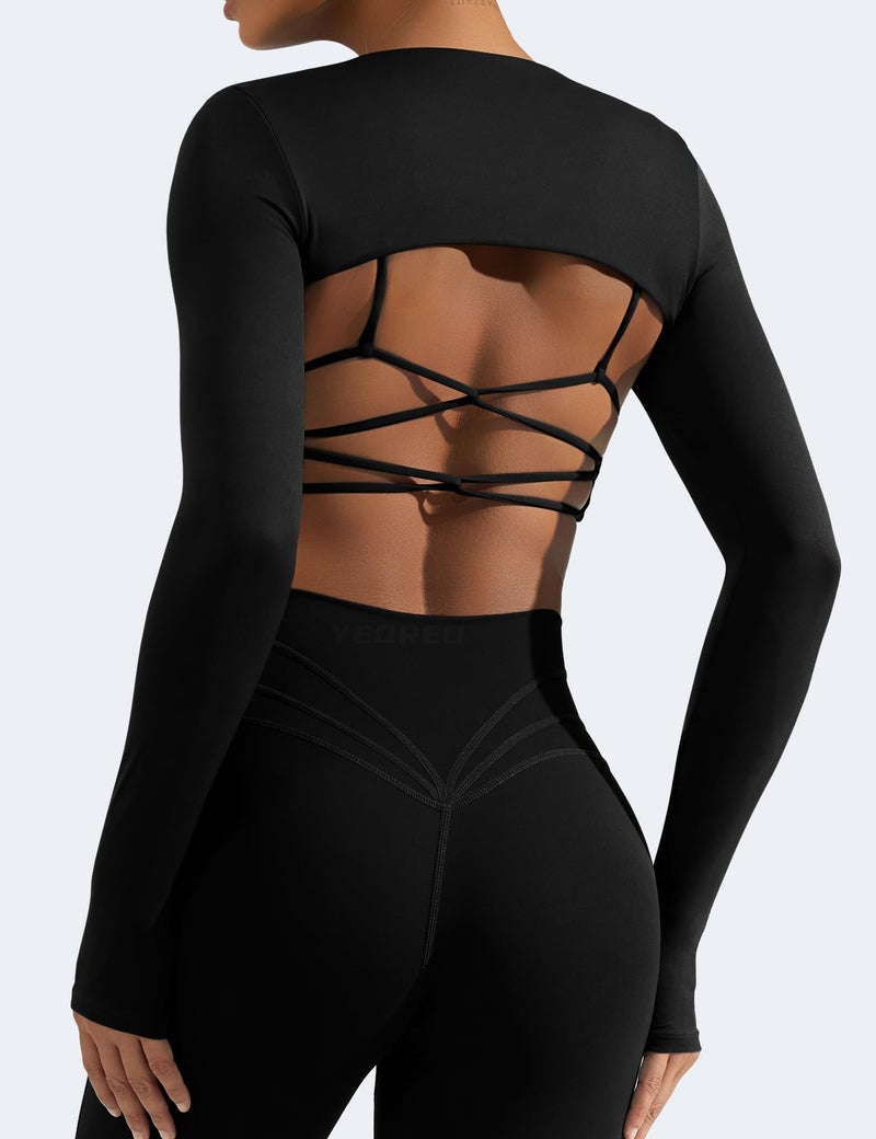 YEOREO Women Crop Top Long Sleeve Bolero Open Front Workout Cropped Shirts Sports Shrug Without Bra Black L - Image 5