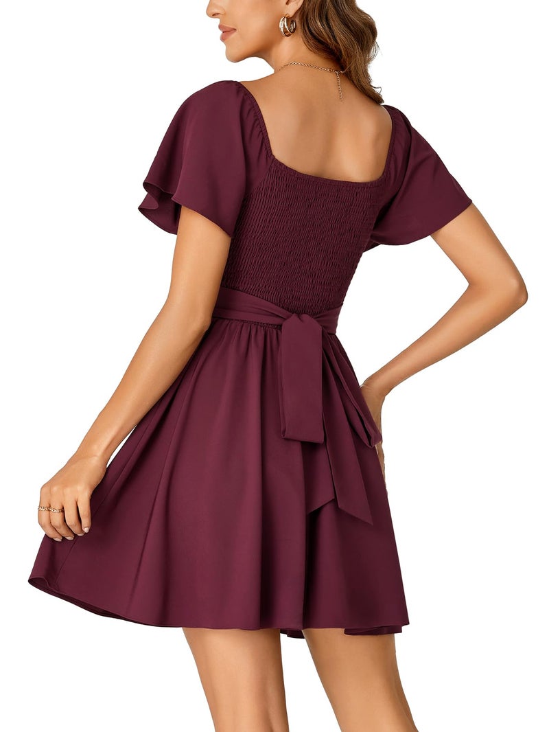 Rooscier Women's Tie Back Square Neck Wrap Ruffle Short Sleeve Flare Mini Dress Wine Red X-Small - Image 5