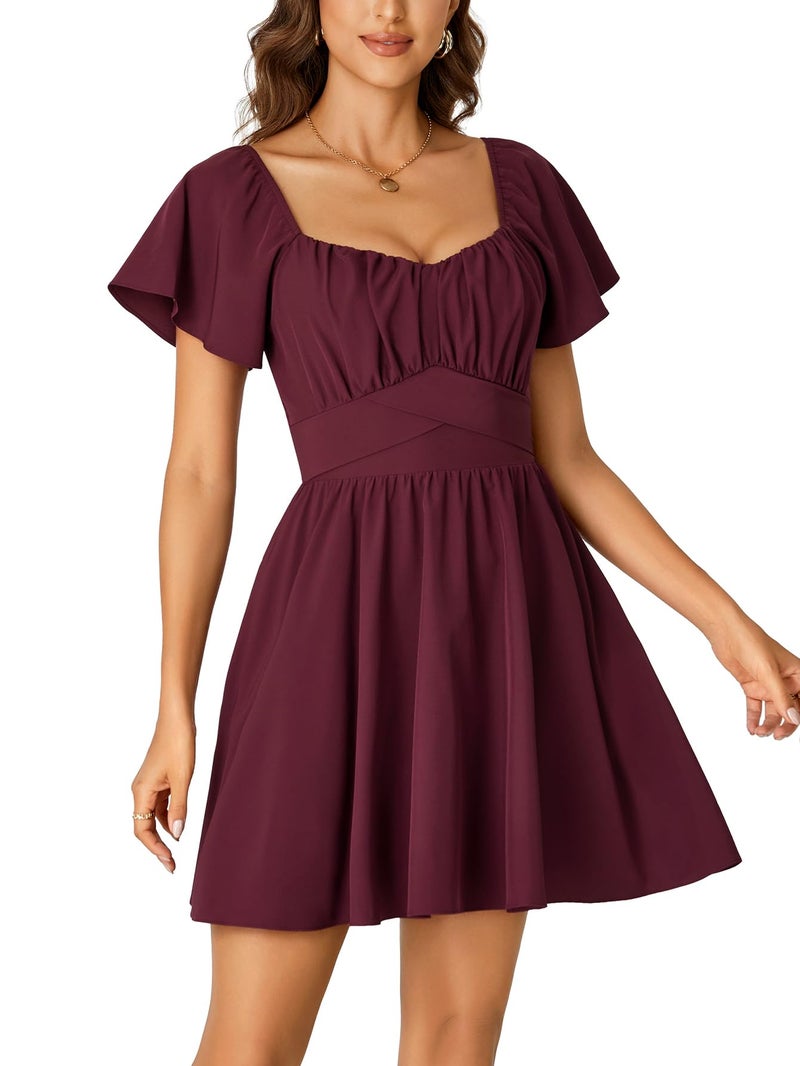 Rooscier Women's Tie Back Square Neck Wrap Ruffle Short Sleeve Flare Mini Dress Wine Red X-Small - Image 4