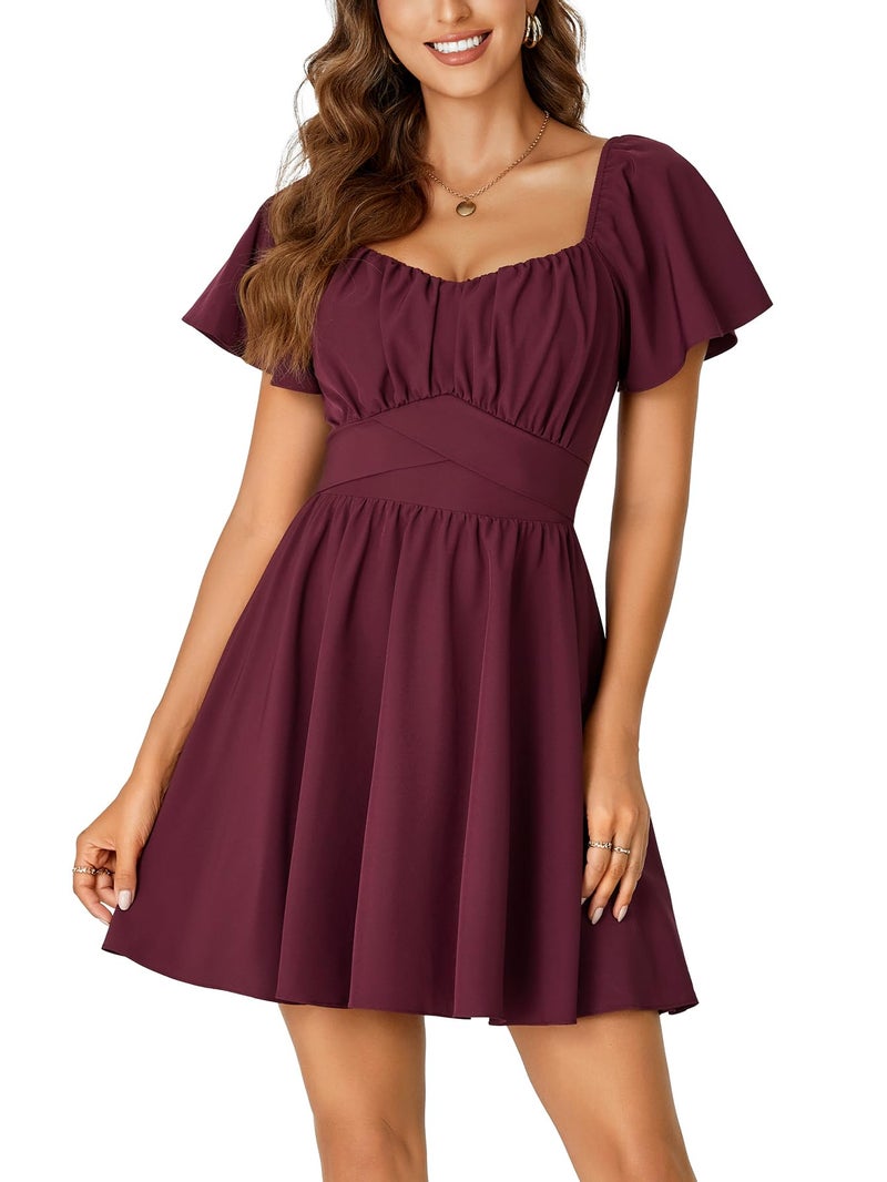 Rooscier Women's Tie Back Square Neck Wrap Ruffle Short Sleeve Flare Mini Dress Wine Red X-Small - Image 2